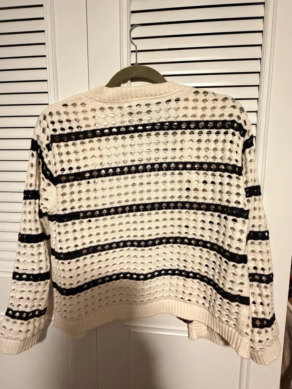 DKNY Striped Openwork Cardigan - Eggnog & Black